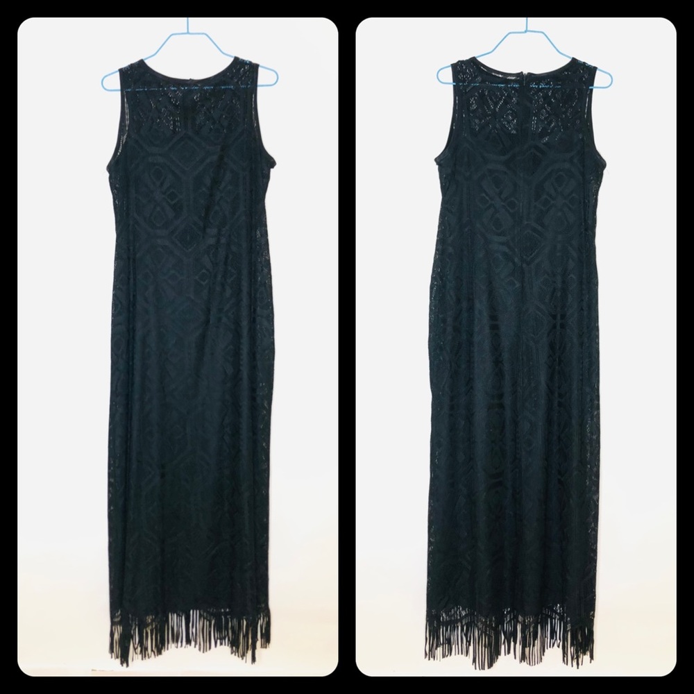 ULTRA DRESS maxi sleeveless lace black dress with fringe at hem. Fully l…